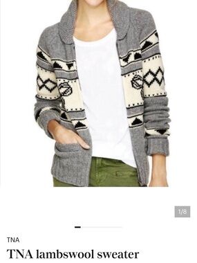 TNA Grey & Cream Fair Isle Lambswool Cardigan classic style